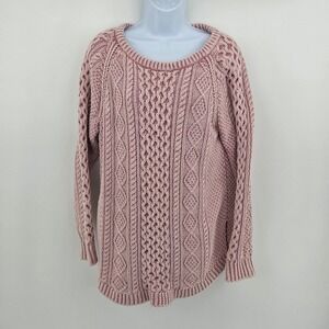 LL Bean Signature Womens Large Cable Knit Fisherman Sweater Washed Pink 297471‎